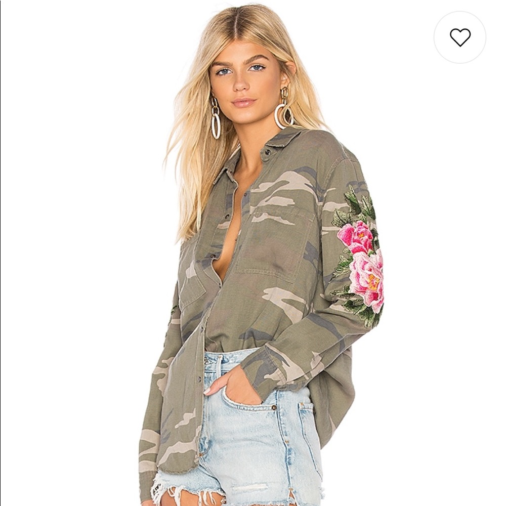 MARCEL BUTTON DOWN IN SAGE CAMO, FLORAL EMBROIDERY